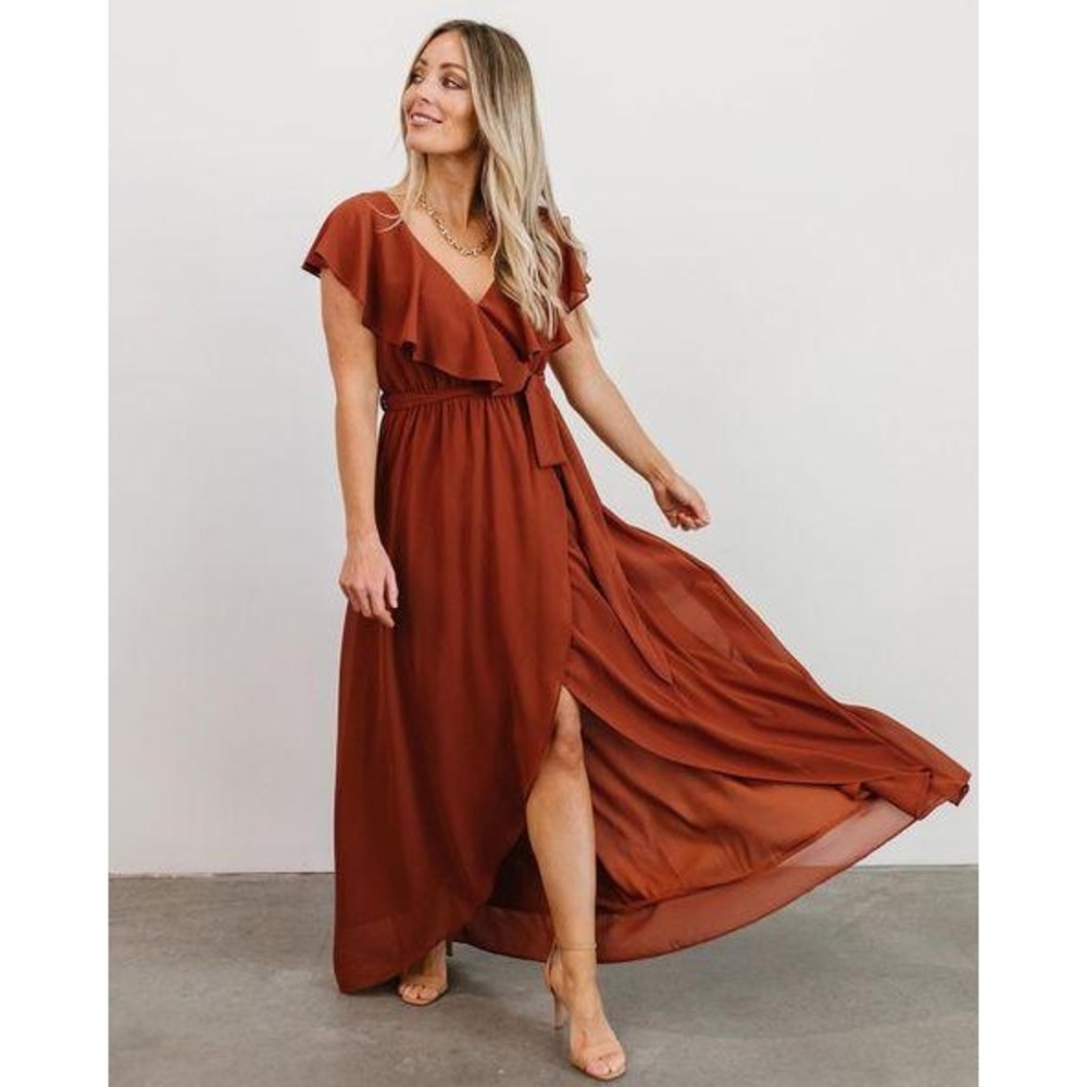 Baltic Born Katya Maxi Dress Womens S Rust Ruffle Chiffon Wrap Gown